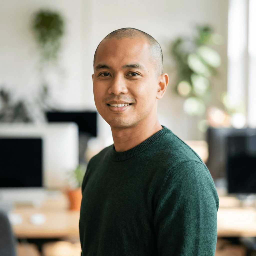 Male IT consultant in his late 30s, South Asian, professional headshot