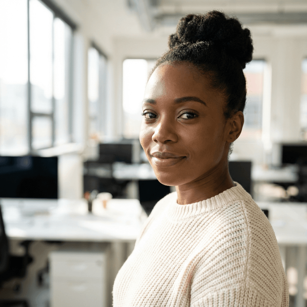 Female IT consultant in her early 30s, Black, professional headshot