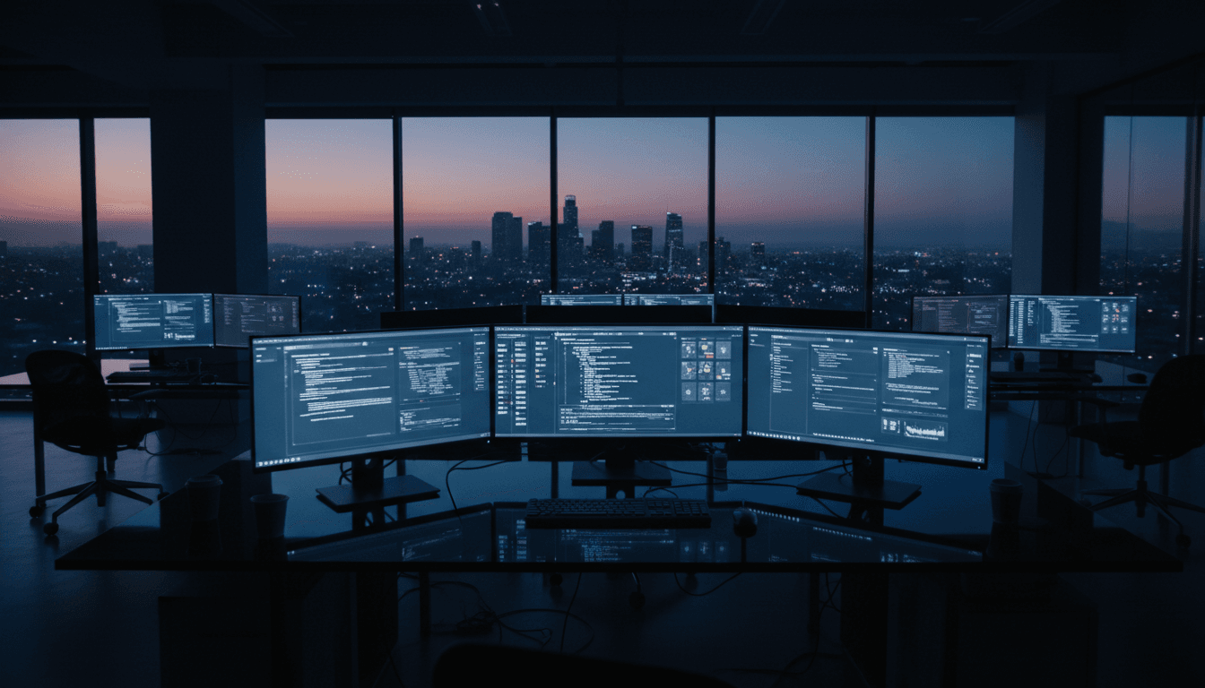 Modern office workspace with monitors showing system dashboards at dusk