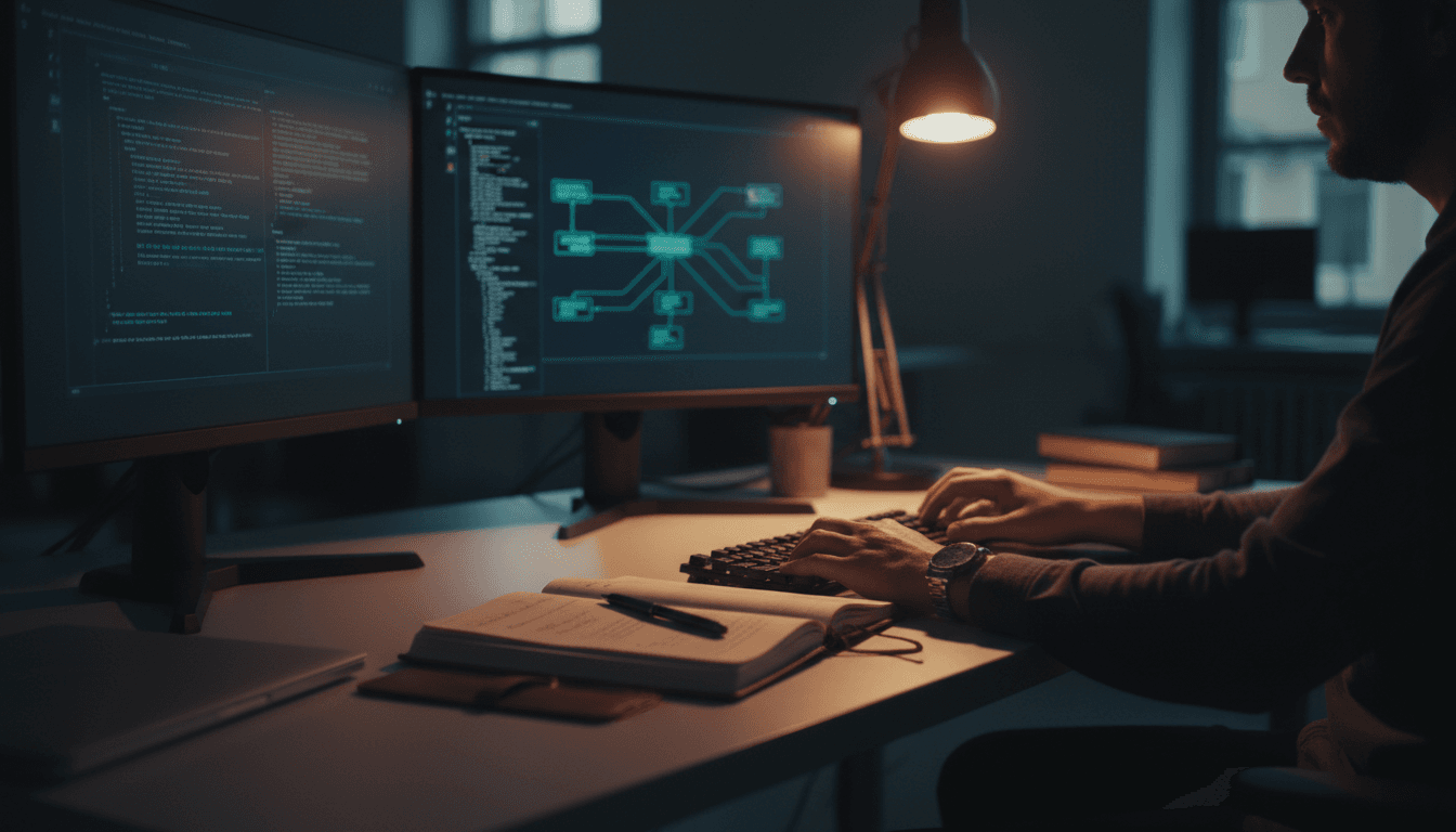 IT consultant's desk with dual monitors showing system diagrams in a dimly lit office
