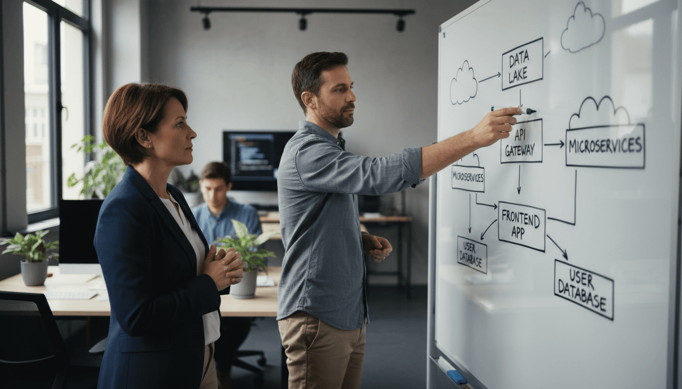 Consultant reviewing a system architecture diagram with a client in a bright office