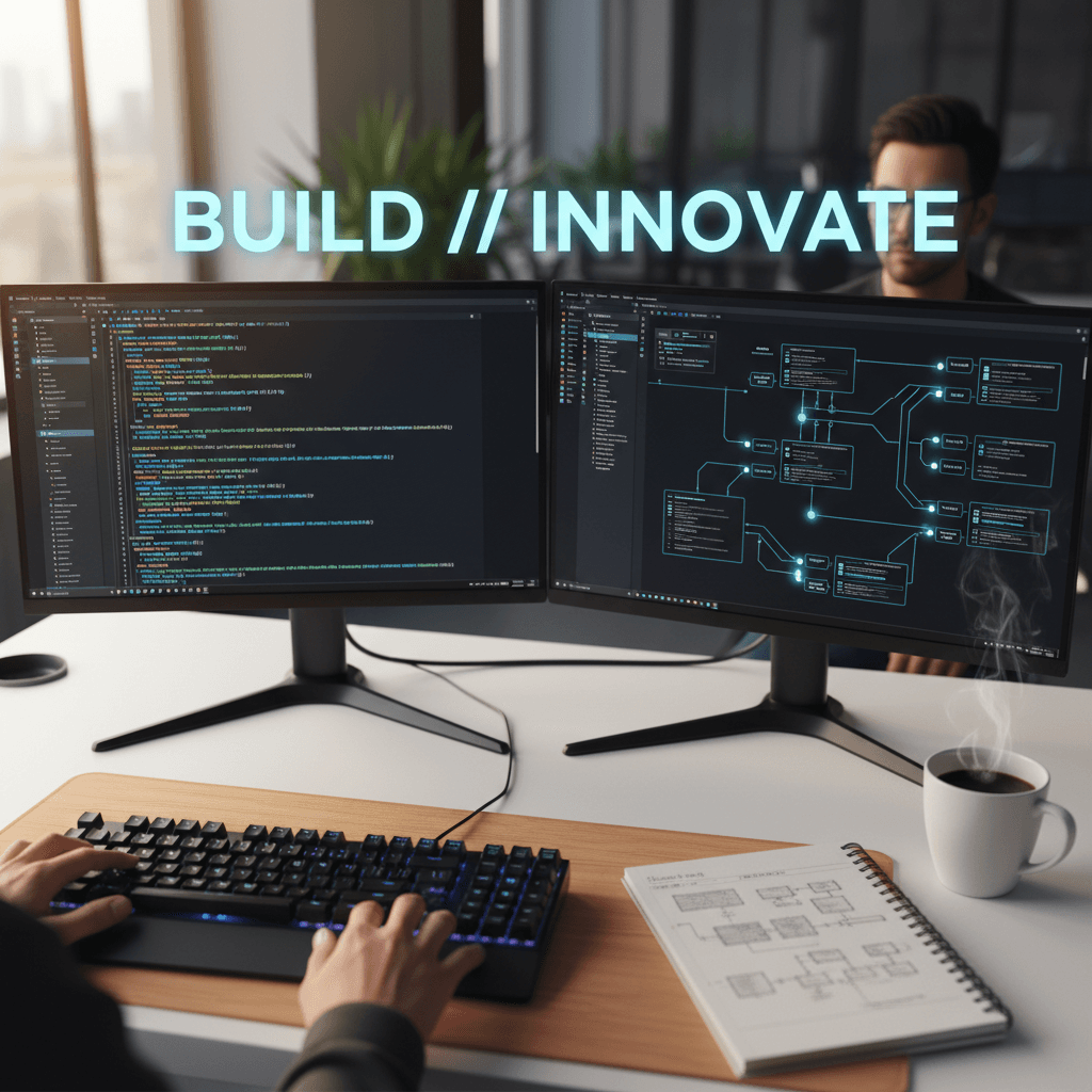 Modern workspace with dual monitors showing code and system architecture diagrams