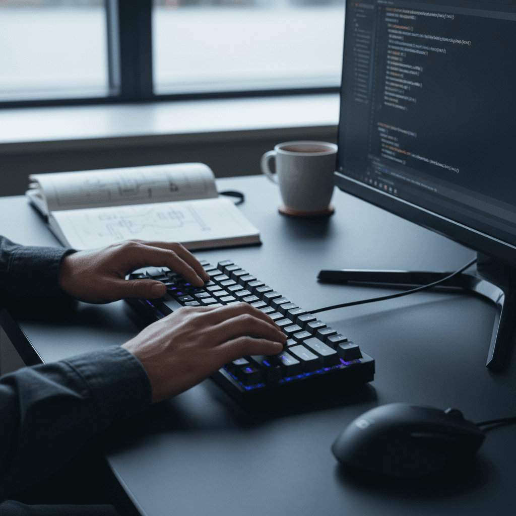 Close-up of hands coding on a mechanical keyboard with monitors showing blurred code