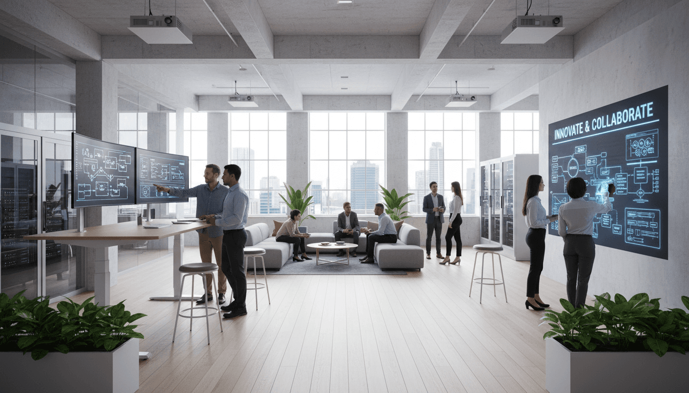 IT consultants reviewing system architecture plans on a large monitor in a modern office