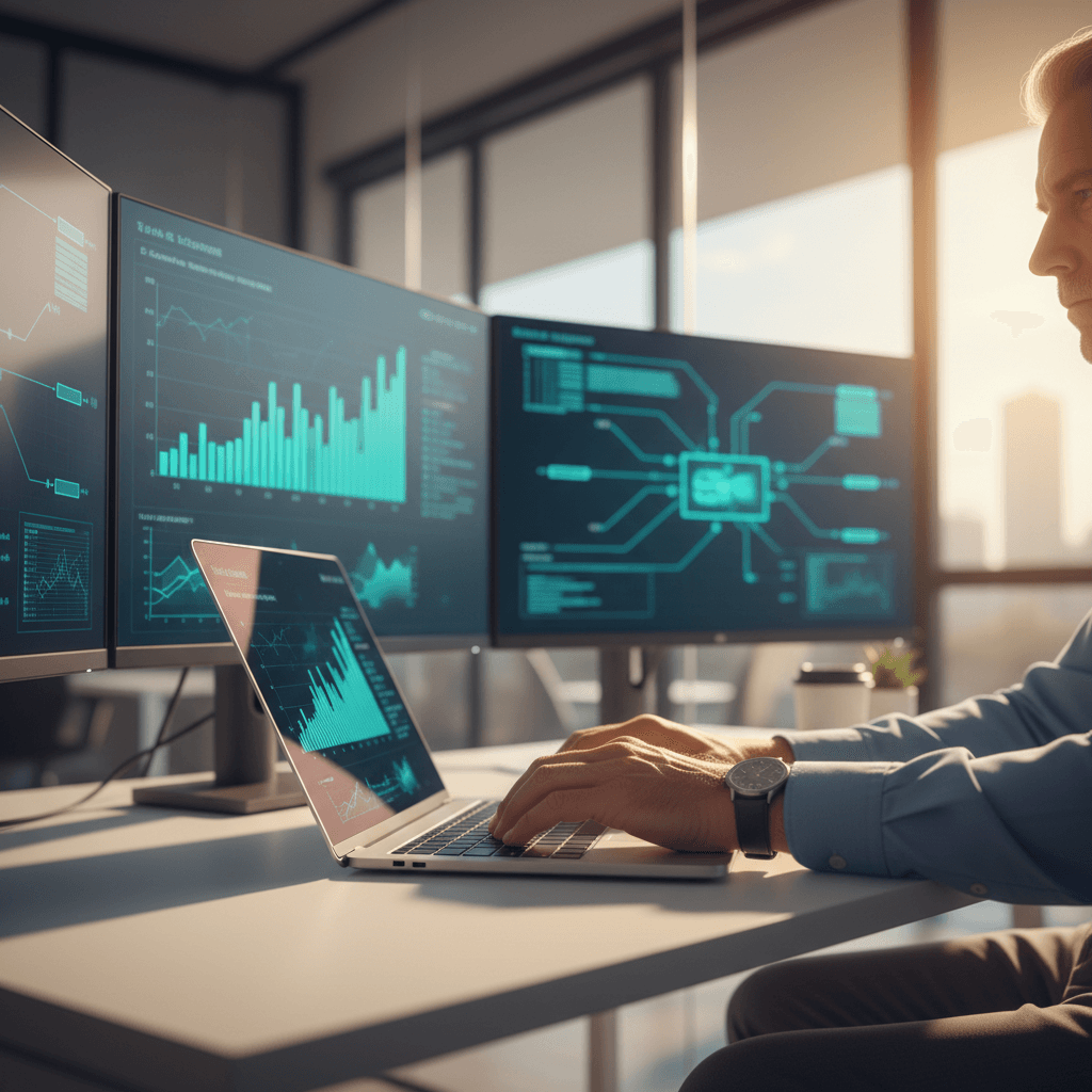 IT consultant standing with crossed arms in a dark modern office