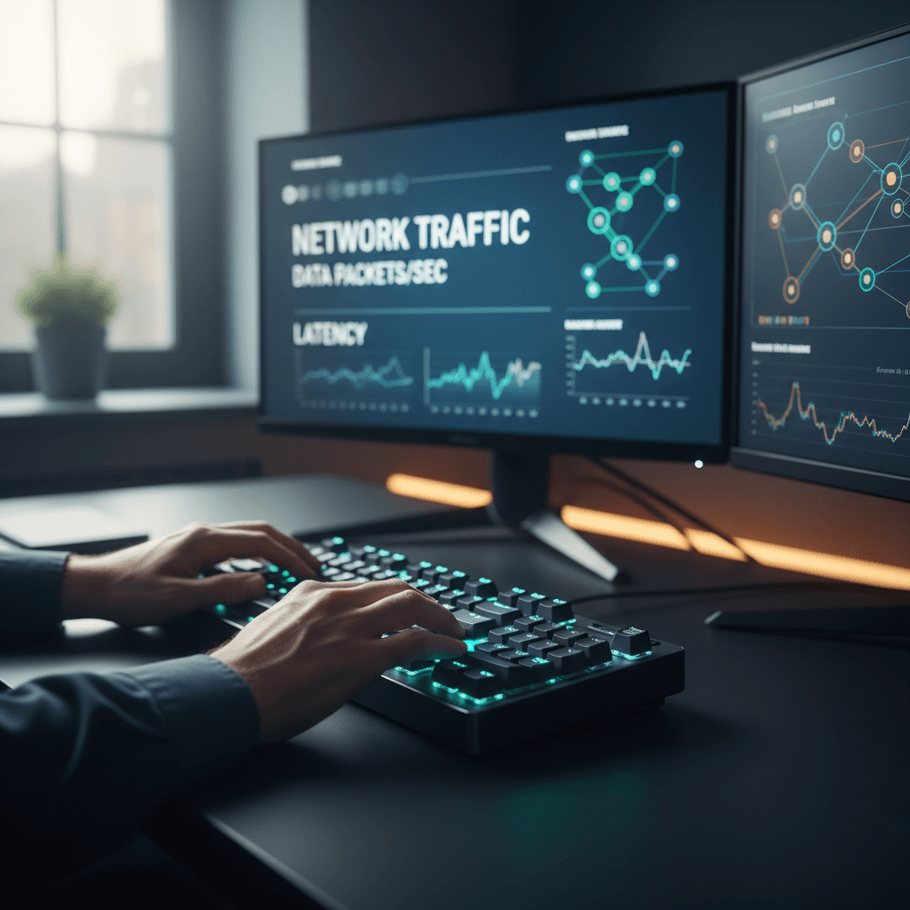 Hands typing on a laptop showing a network topology diagram