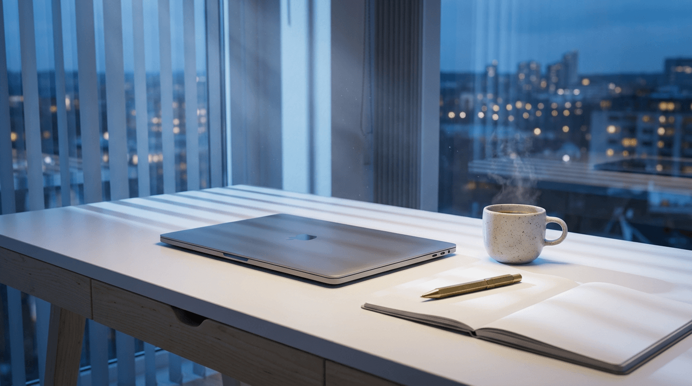 Modern office workspace with monitors glowing at dusk