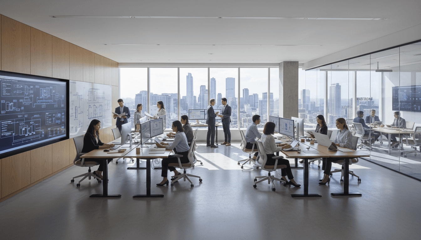 IT consultant reviewing system architecture on dual monitors in a modern office