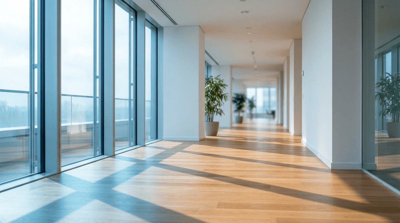Quiet office corridor with an integrated IT support workstation and monitor