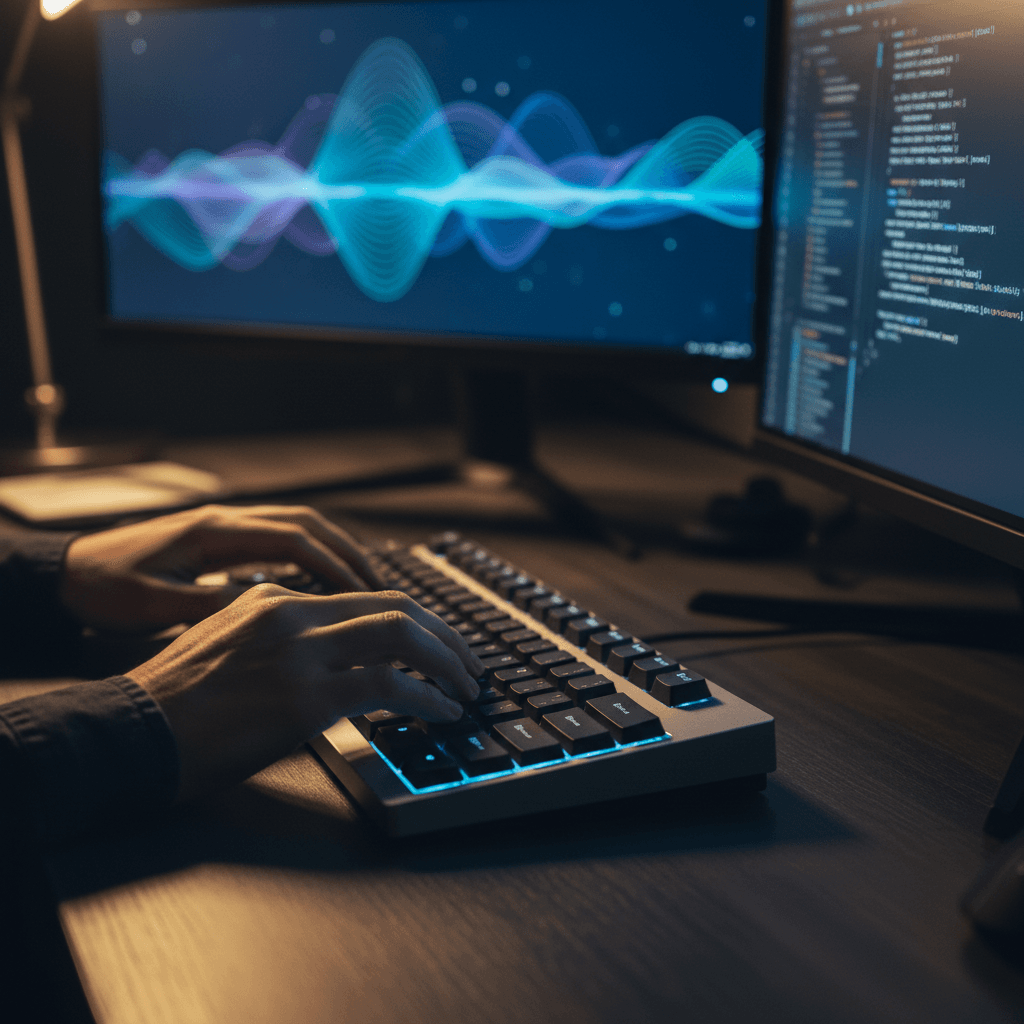 Developer's hands typing on keyboard in a dimly lit workspace