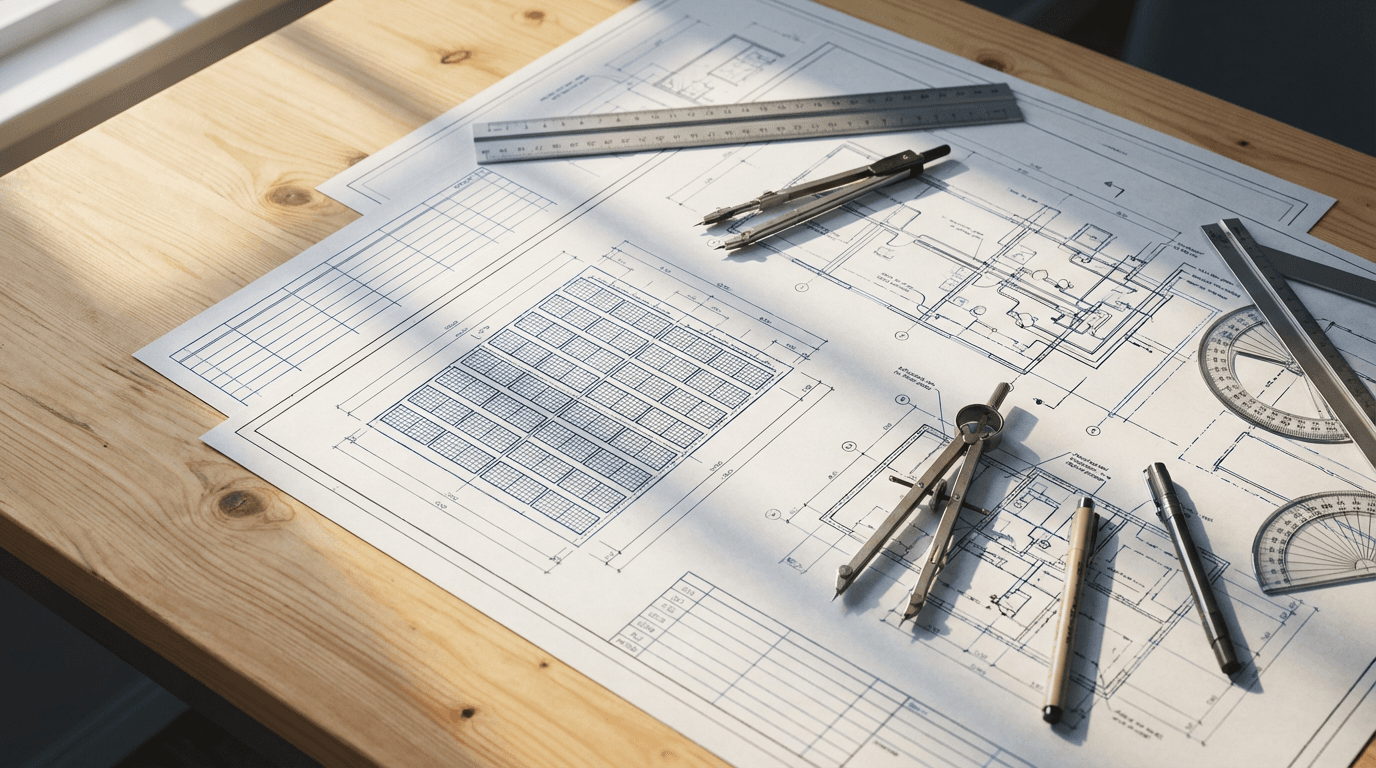 Engineer reviewing and annotating a printed systems architecture diagram on a desk