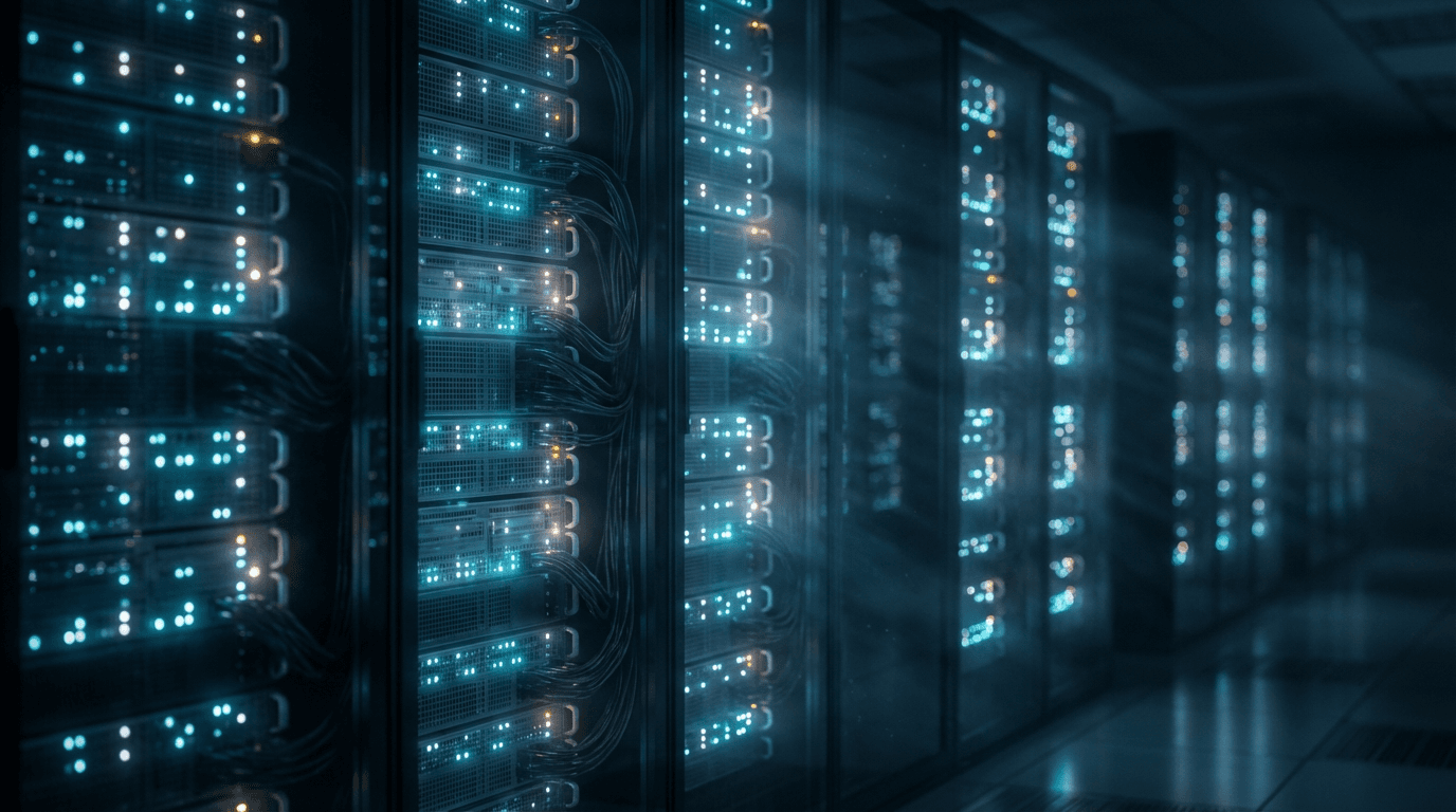 Engineer standing in a dimly lit server room with racks of hardware