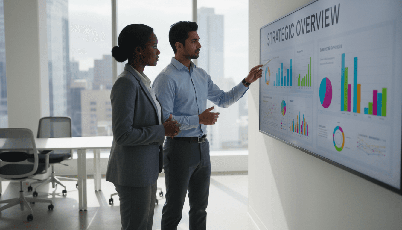 IT consultant presenting a data dashboard to two clients in a glass-walled meeting room