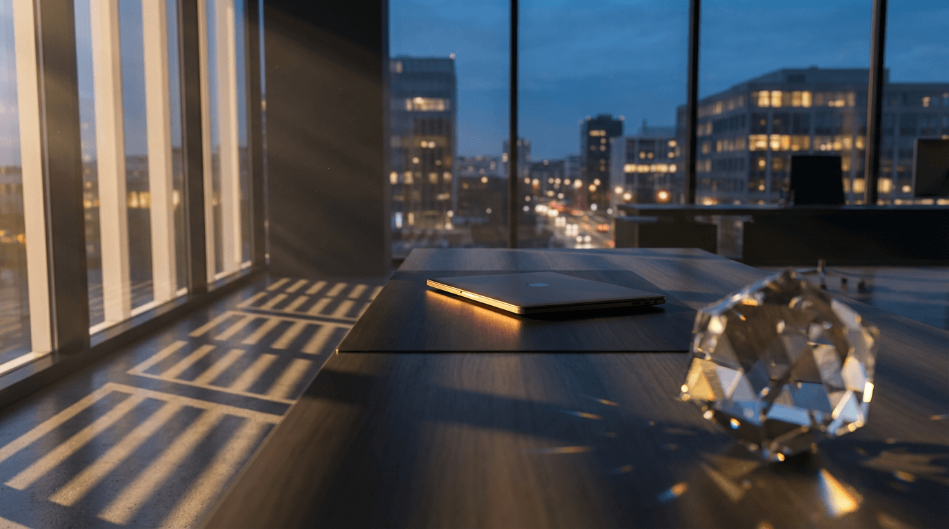 Consultant reviewing system diagrams in a dark office with city lights behind