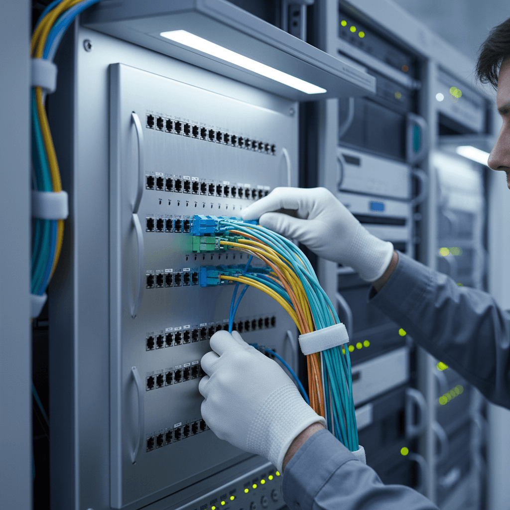 Engineer's hands connecting ethernet cables into a network switch panel