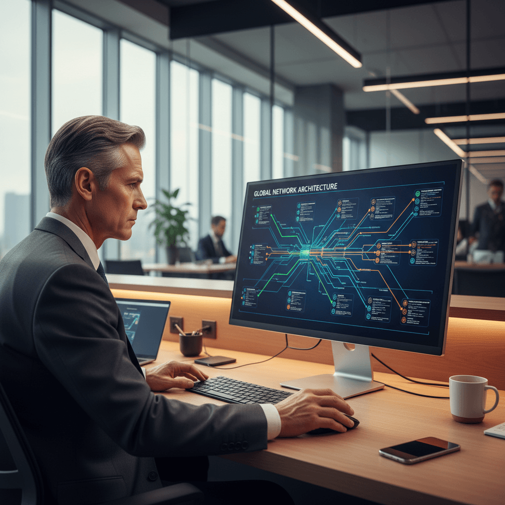IT consultant pointing at a systems diagram on a whiteboard